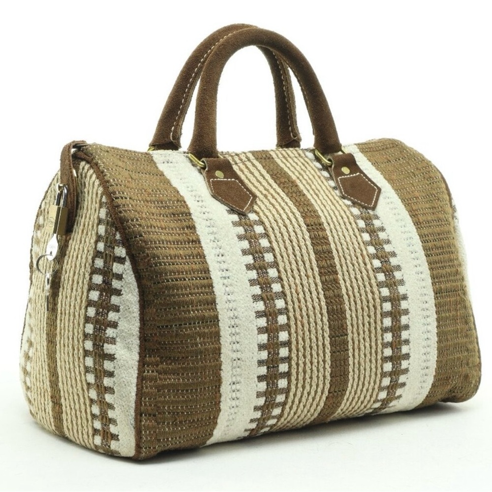 MEEKS LOCKING LUGGAGE 🔐  🔐 *Vintage* Boston Bag* Brown & Cream Striped Satchel